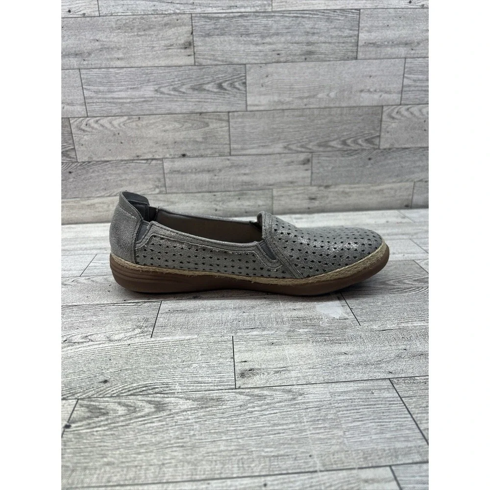 Women's Clarks Elaina Ruby Slip-On Leather Espadrille Shoes Silver Pewter Sz 6.5